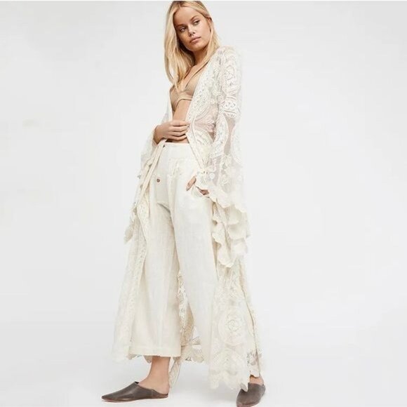 Free People Ivory Bell Sleeve Lace Maxi Duster | Romantic Boho Coastal Cowgirl S - Picture 7 of 16